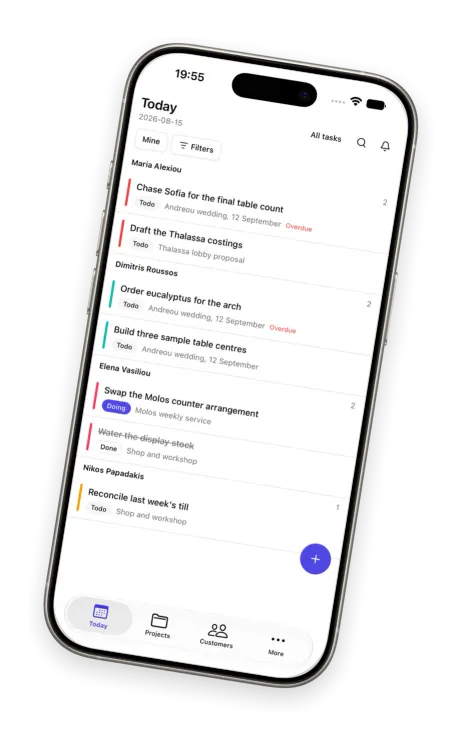 Phone on the Today tab for Bloom Vine — Maria’s team list with overdue wedding tasks and Elena’s Molos delivery in progress.